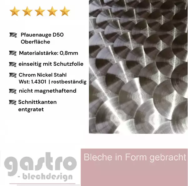 Edelstahl Blech Pfauenauge. D50 marmoriert Gastroblech als Spritzschutz Edelstahl Blech Pfauenauge. D50 marmoriert Gastroblech als Spritzschutz